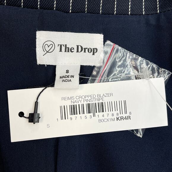 Amazon's The Drop Reims Cropped Blazer Sz S New $79 Navy Blue Pinstripe Lined - Picture 8 of 12